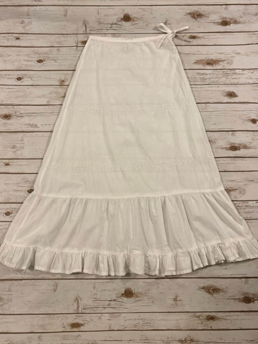 Soft Grey White 100% Cotton  Embroidered Tiered Maxi Skirt Size 6